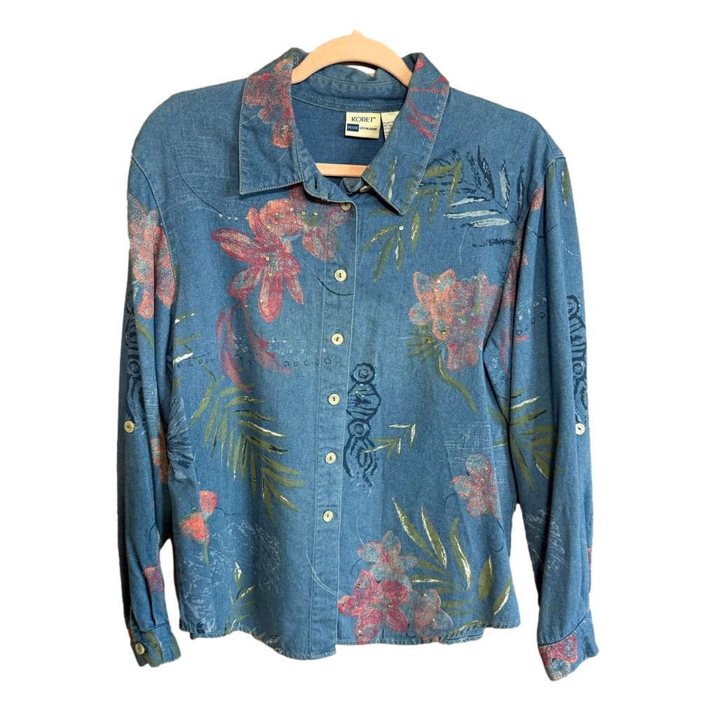 Vintage 90s Koret Beaded & Floral Painted Denim Button Down Shirt Size Large